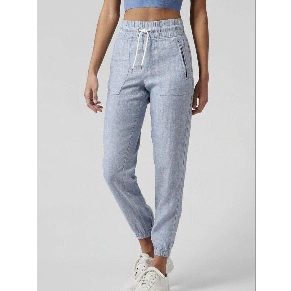 Athleta Cabo Linen Jogger Pants 10 Blue Natural Fiber Casual Summer Travel